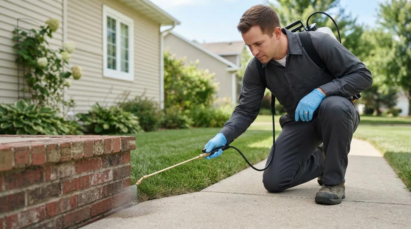 Pest control technician treating a home near White Mills, PA